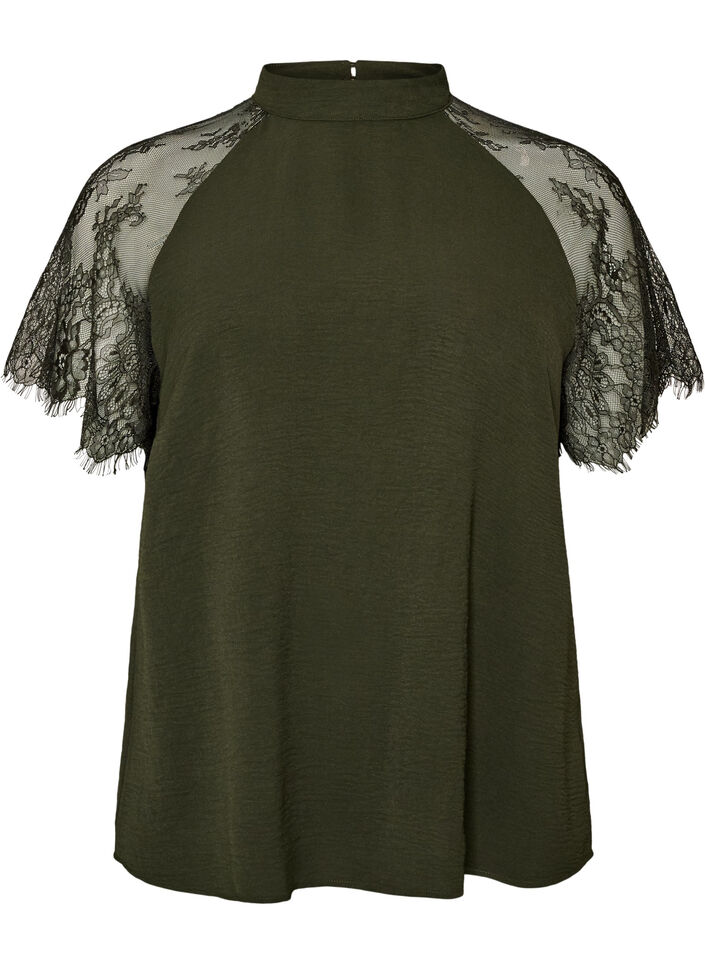 Blus med korta &auml;rmar i spets och h&ouml;g krage, Gr&ouml;n, Packshot image number 0