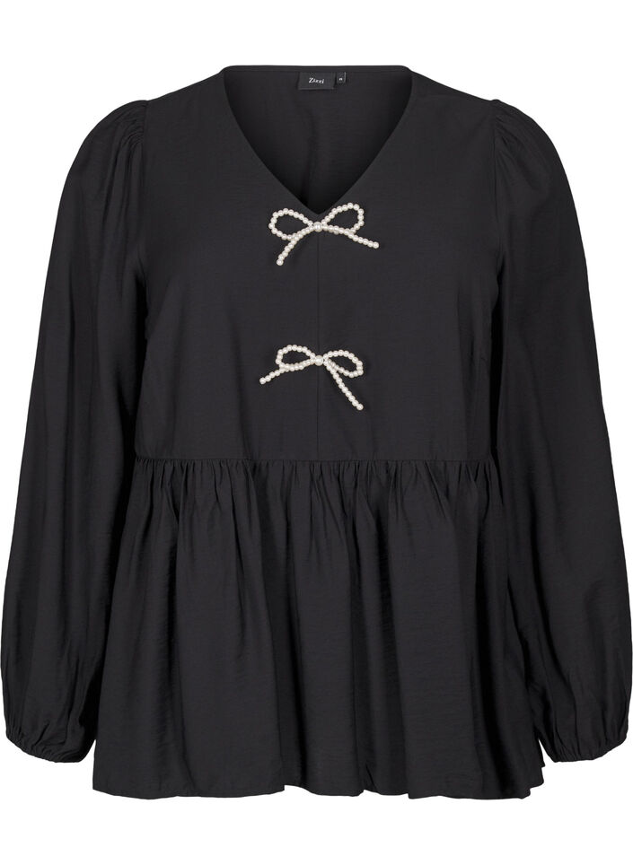 Blus med pärlrosetter och långa ärmar, Black, Packshot image number 0