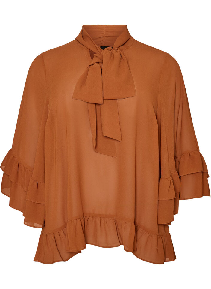 Blus med knytband och volangdetaljer, Brun, Packshot image number 0