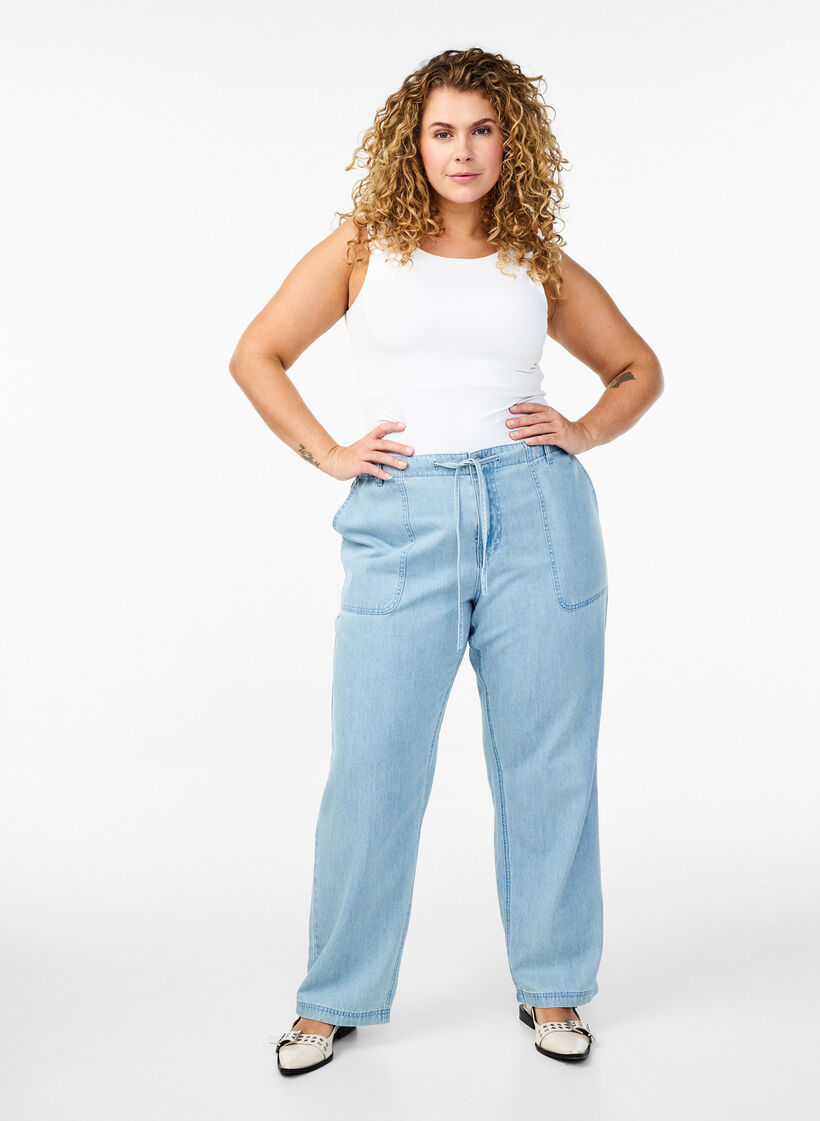 Jeans med hög midja och knytskärp, Blå, Model image number 0
