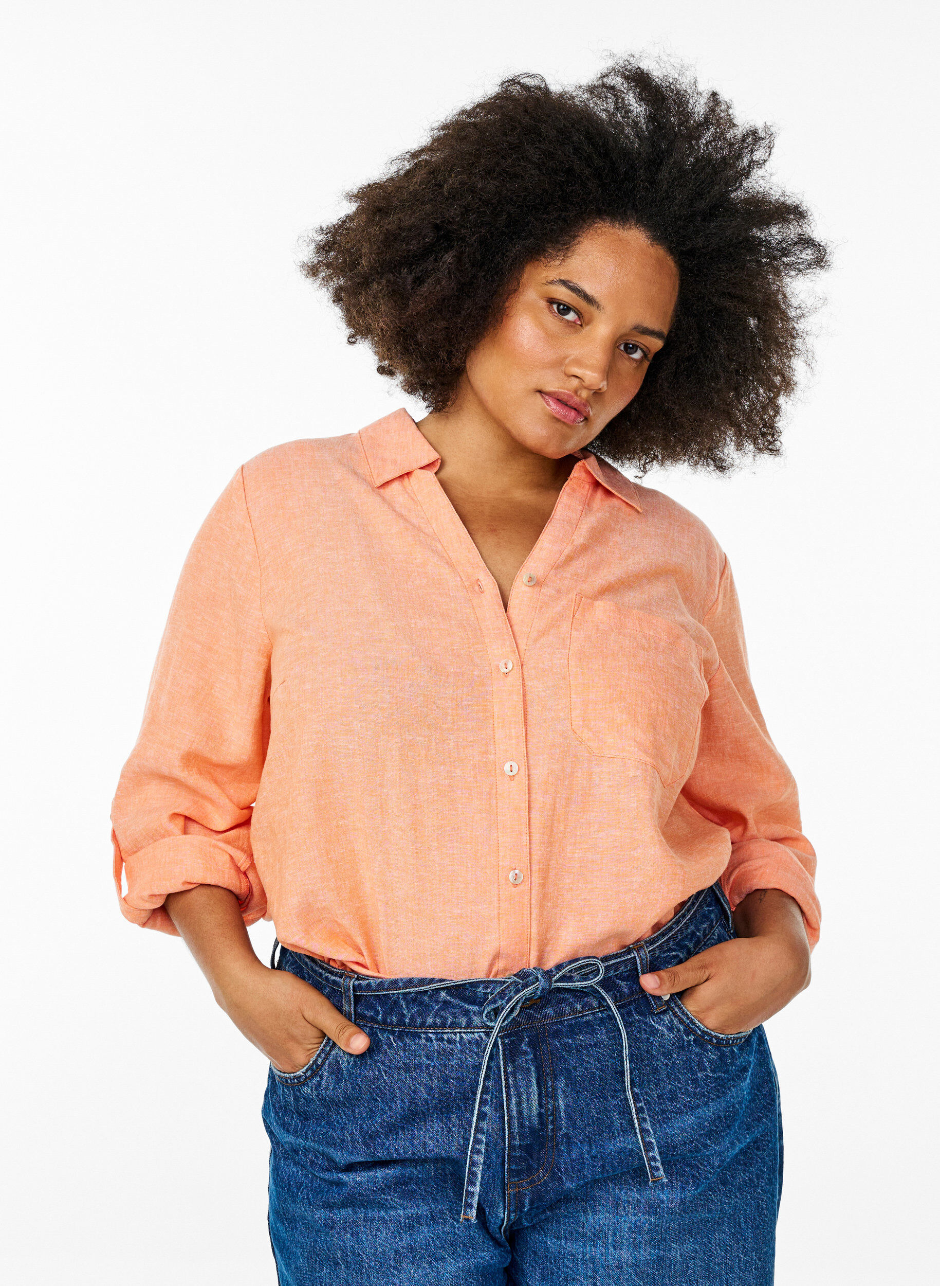 ZizziSkjorta i linne och viskos med 3/4-&auml;rmar, Orange, Model image number 0