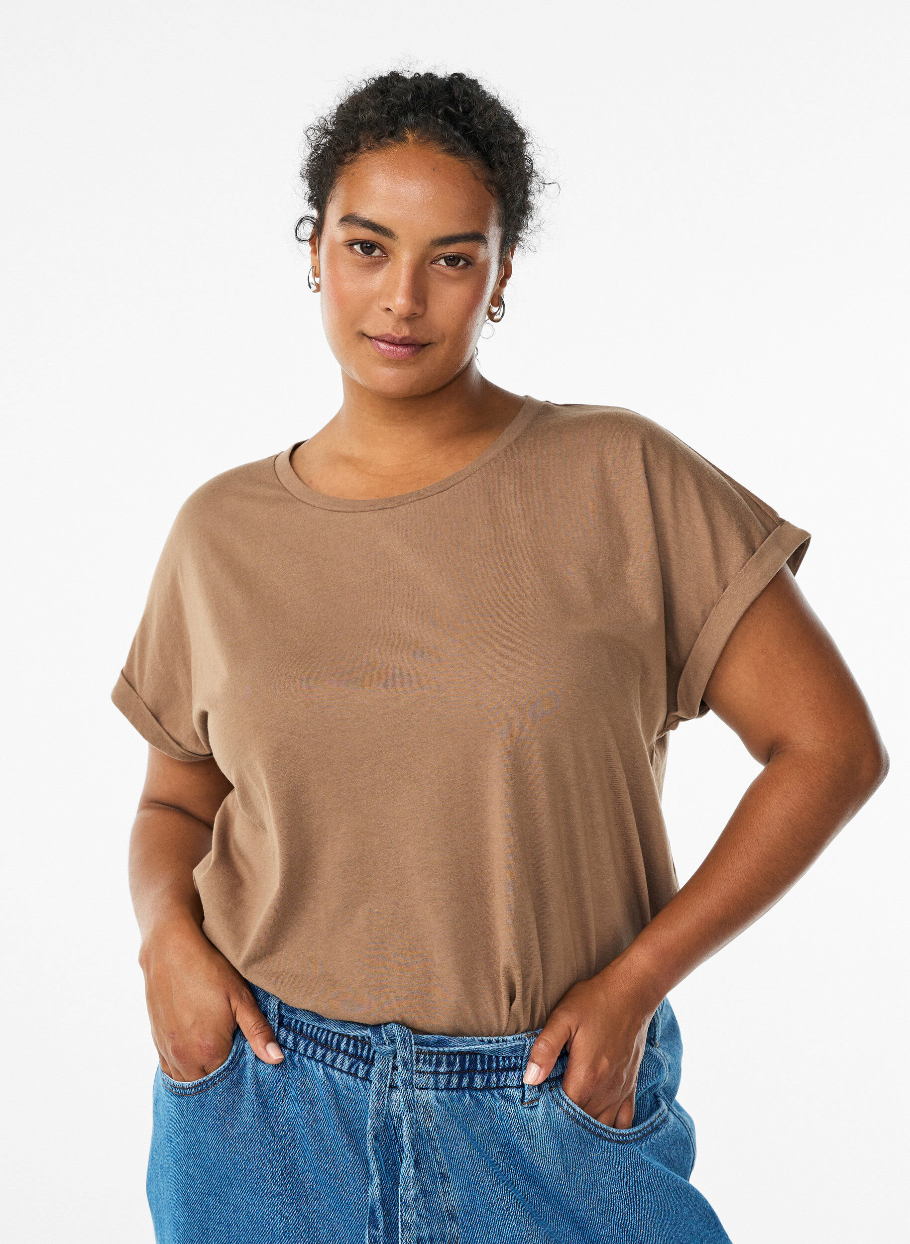 ZizziKort&auml;rmad t-shirt i bomullsmix, Brun, Model image number 0