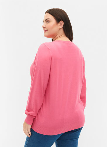 Enfärgad stickad tröja med ribbade detaljer, Hot Pink Mel., Model image number 1