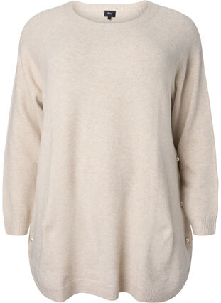 Melerad stickad tröja med pärlknappar på sidorna	, Pumice Stone Mel., Packshot image number 0