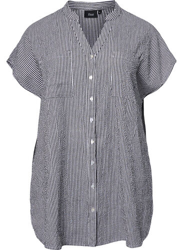 Randig skjorta i bomull med korta ärmar, Black Stripe, Packshot image number 0