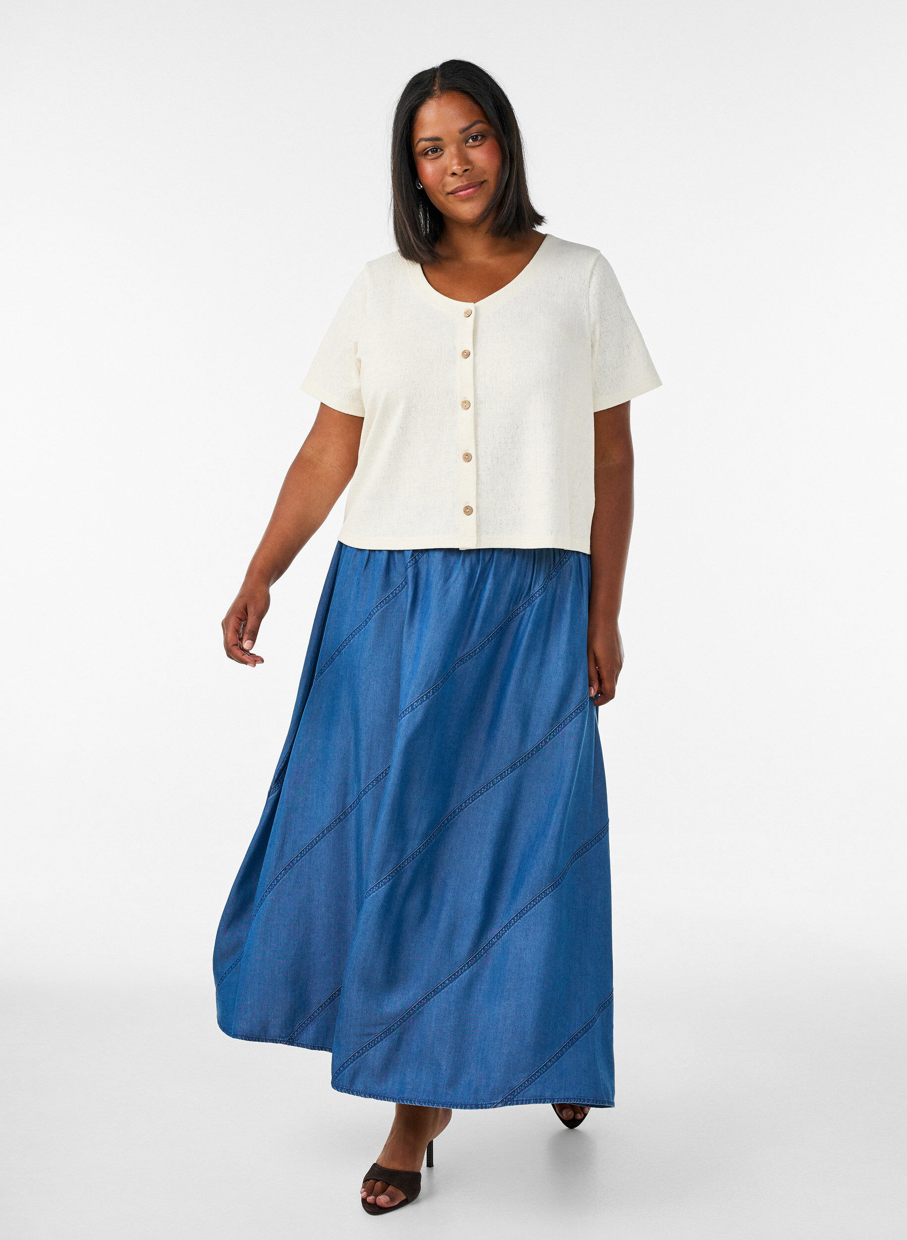 ZizziBlus i bomull med struktur och knappkn&auml;ppning, Vanilla, Model image number 1
