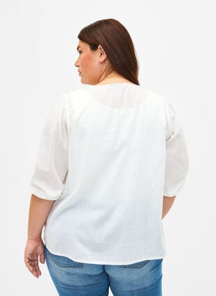 Bomullsblus med 3/4-ärmar i bomullsblandning med linne, Bright White, Model image number 1