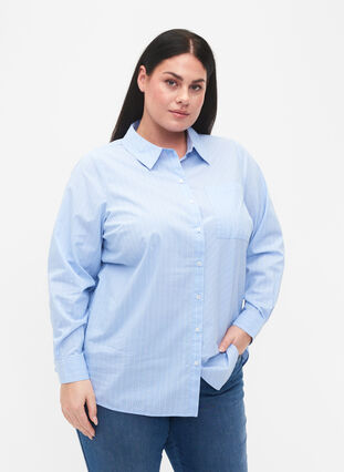 Skjorta i bomullsmix, Blue w. White Stripe, Model image number 0