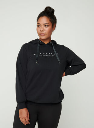 Sweatshirt med huva och print, Black, Model image number 0