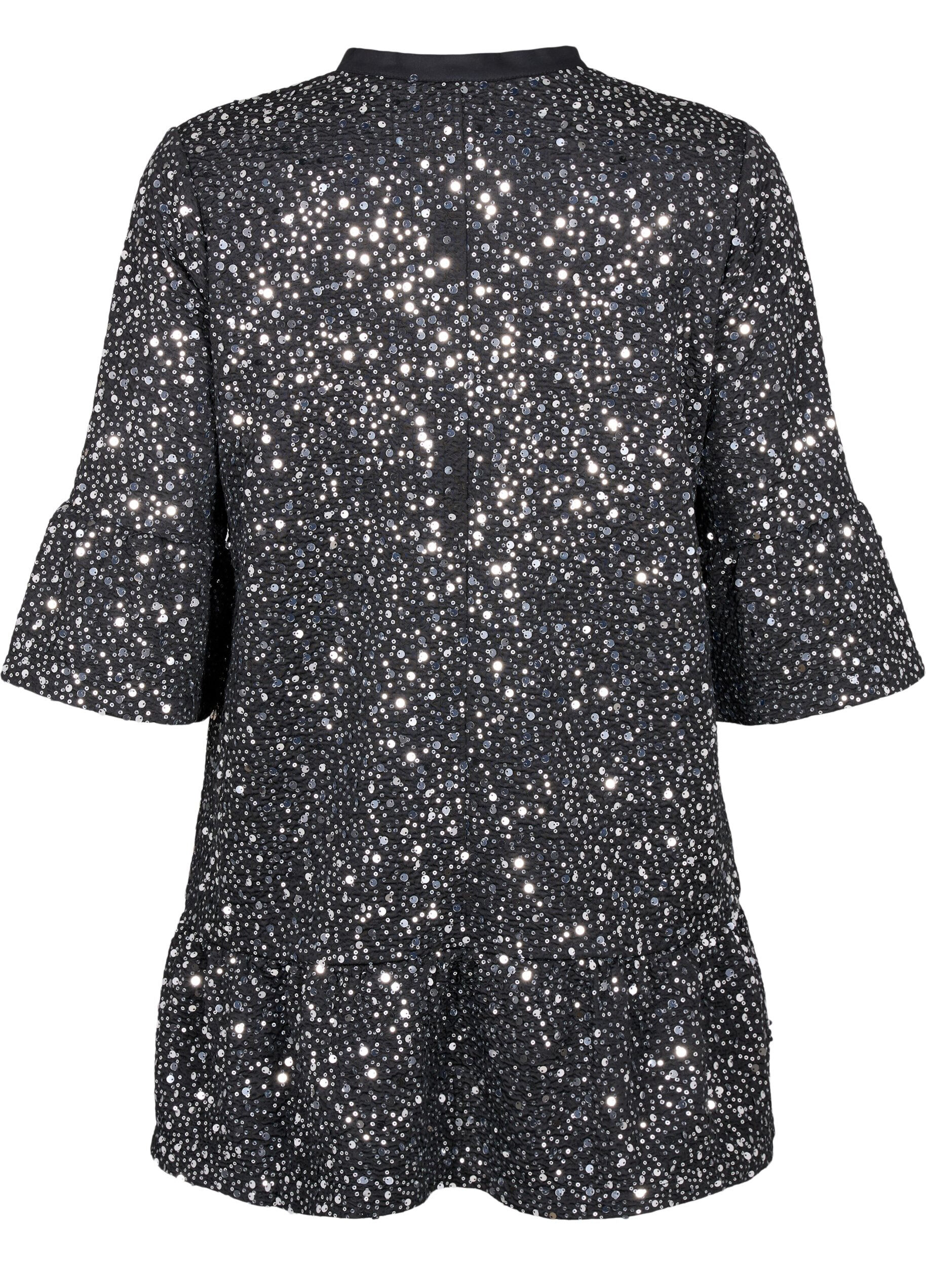 Zizzi Paljettkl&auml;nning med V-ringning och trekvarts&auml;rmar, Black w. Sequins, Packshot image number 1