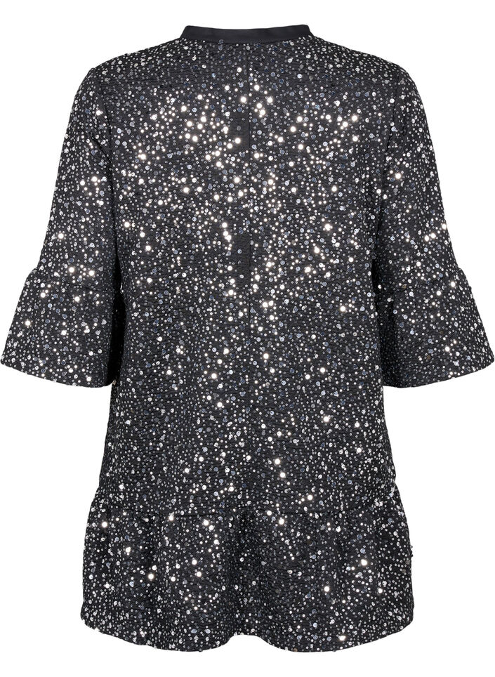 Paljettklänning med V-ringning och trekvartsärmar, Black w. Sequins, Packshot image number 1
