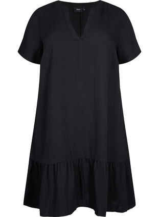 V-ringad klänning i viskos med korta ärmar, Black, Packshot image number 0