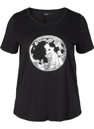 T-shirt i bomull med paljetter, Black, Packshot image number 0