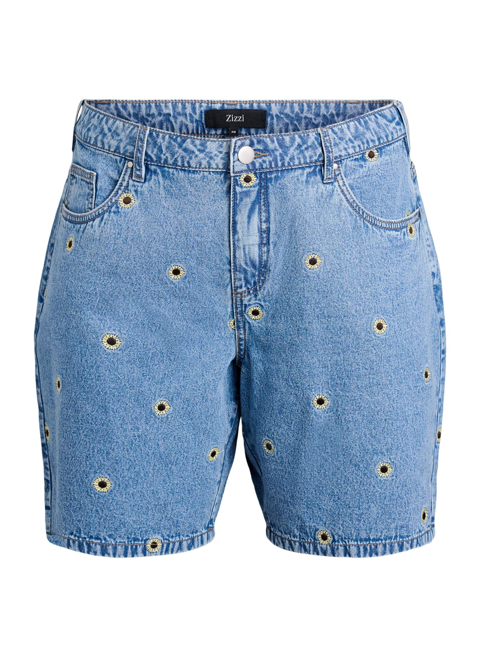 ZizziJeansshorts med broderade blommor, Bl&aring;, Packshot image number 0