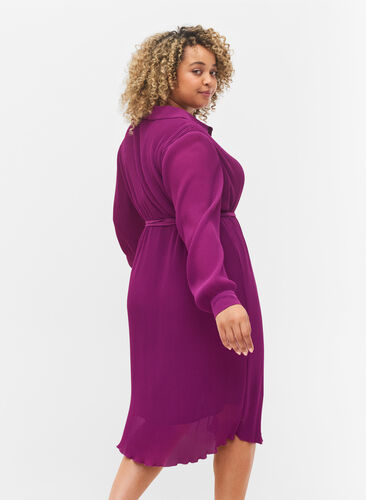 Plisserad skjortklänning med knytband, Grape Juice, Model image number 1