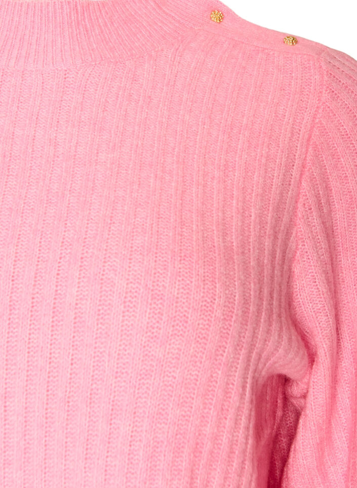 Ribbstickad tr&ouml;ja med puff&auml;rmar och knappar, Rosa, Packshot image number 2