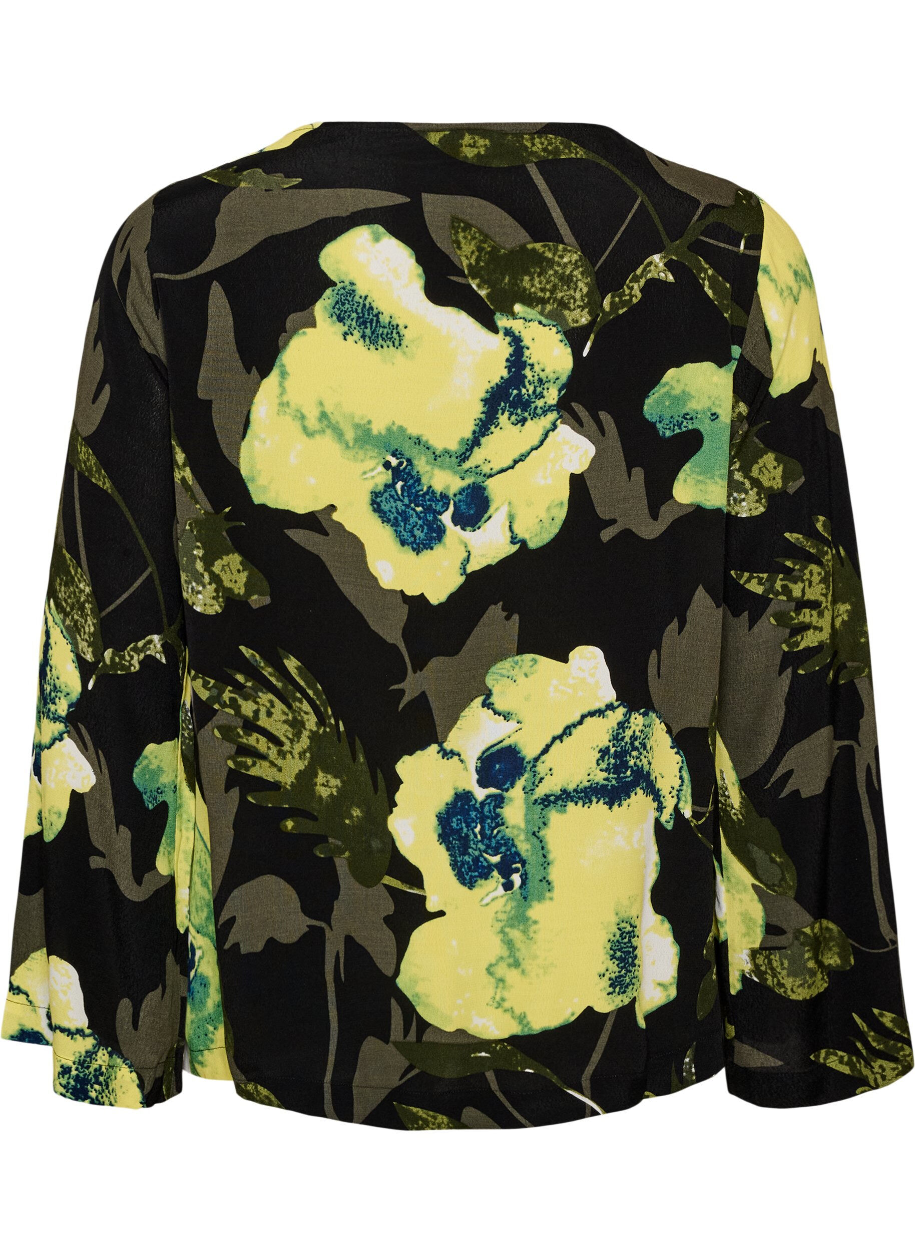 ZizziBlommig blus med b&aring;tringning och vida &auml;rmar, Svart, Packshot image number 1