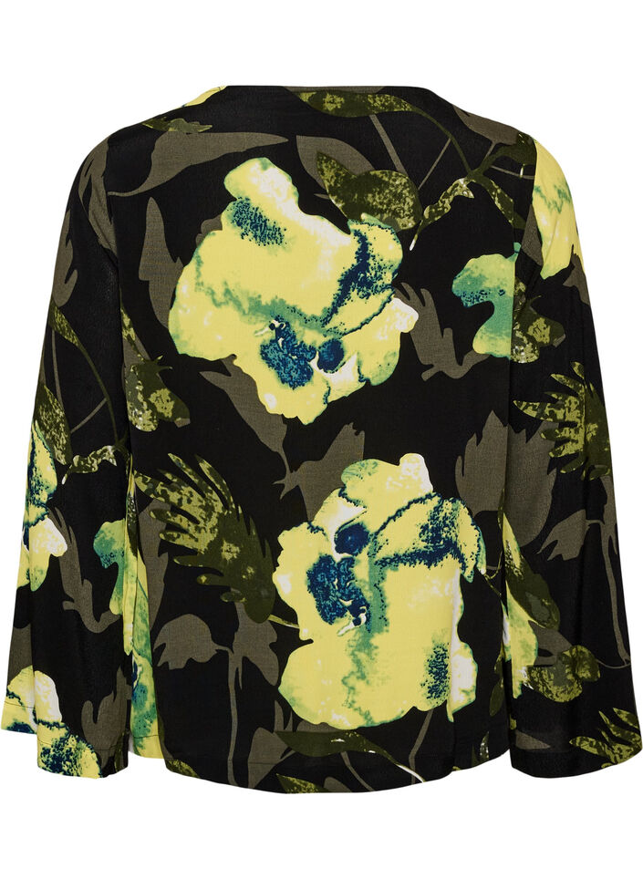Blommig blus med b&aring;tringning och vida &auml;rmar, Svart, Packshot image number 1