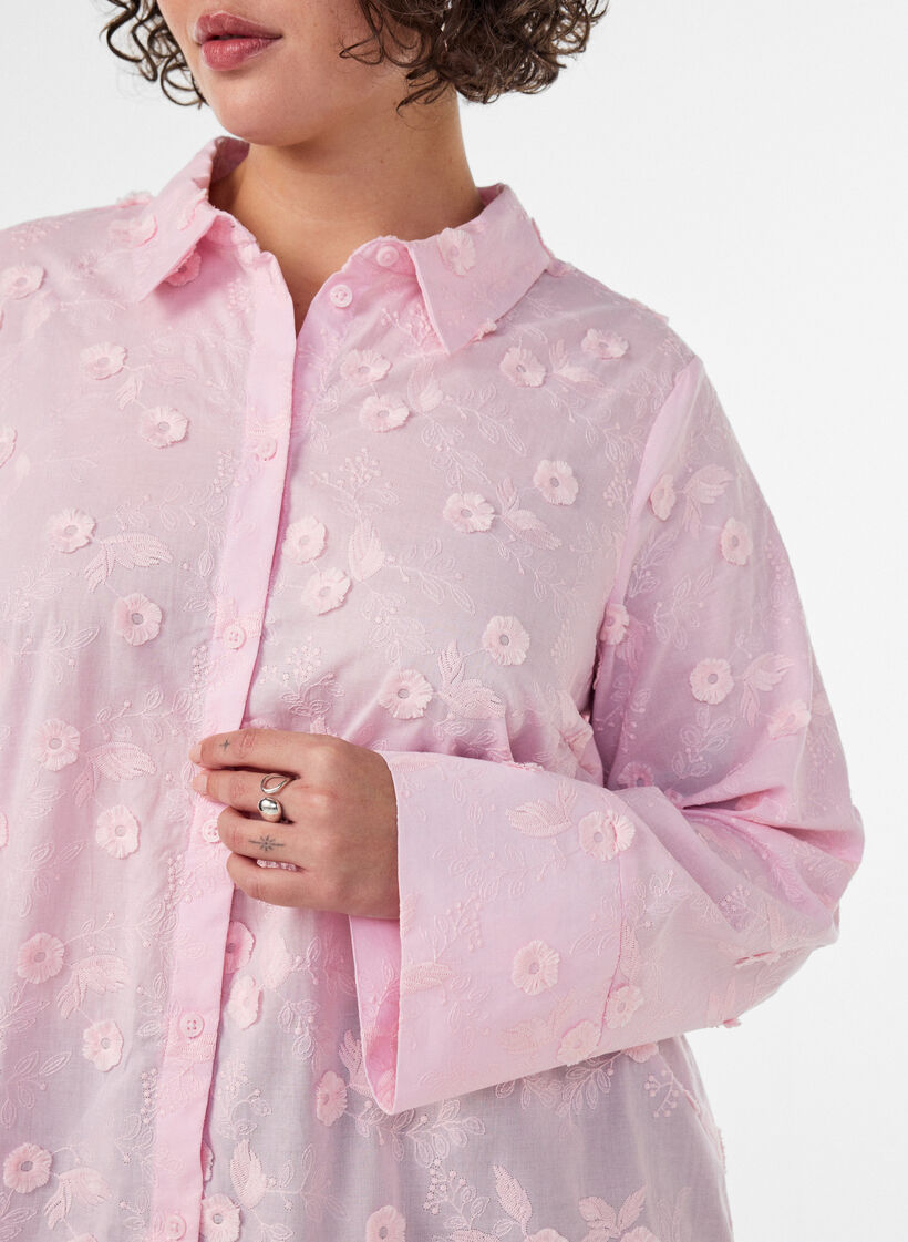 Skjorta med blommigt broderi och vida &auml;rmar, Rosa, Model image number 3