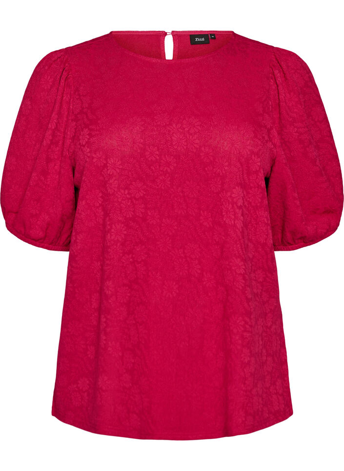 Blus med struktur och korta &auml;rmar, Rosa, Packshot image number 0