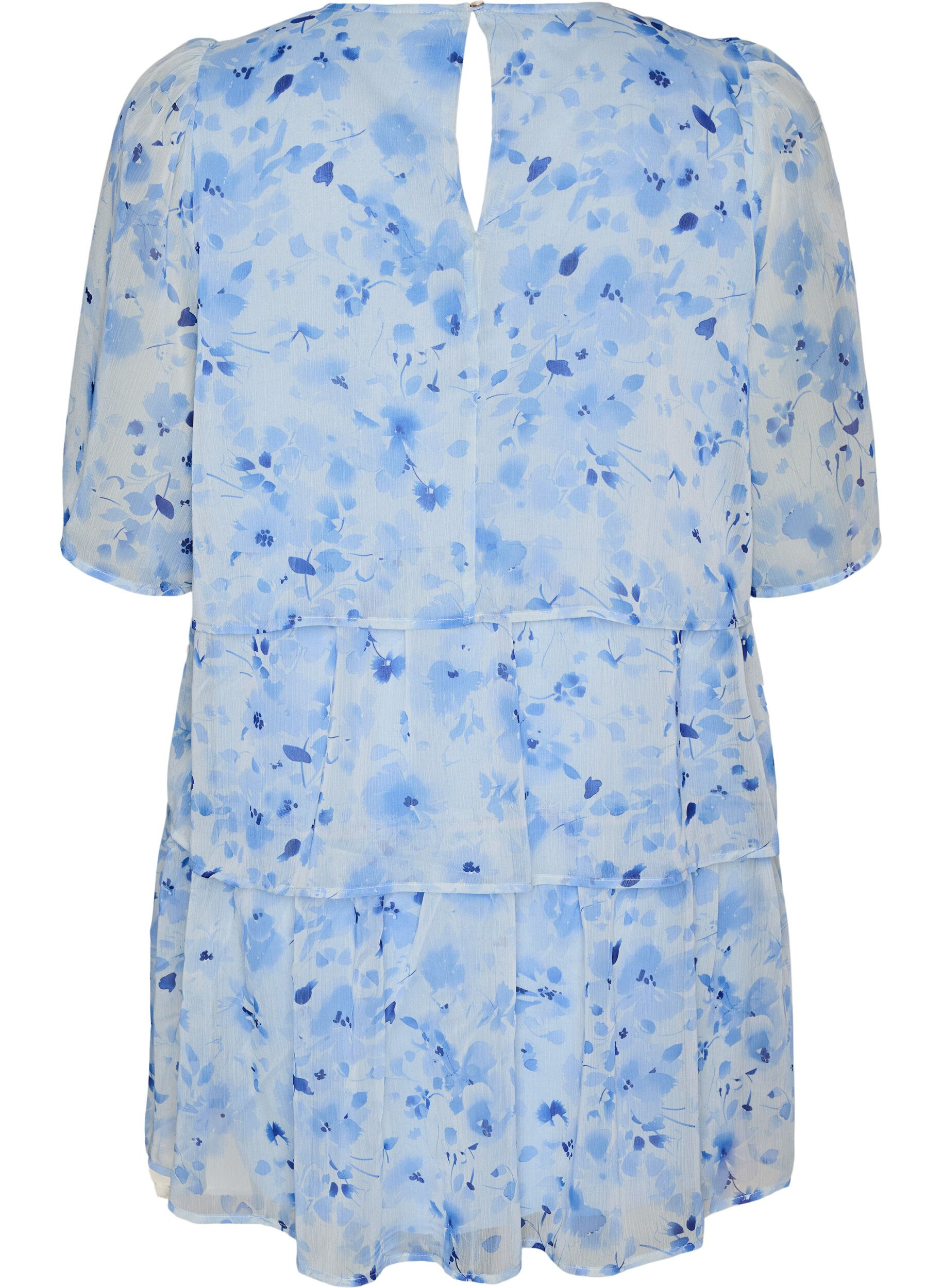 Zizzi Kort kl&auml;nning i chiffonglook med blommigt m&ouml;nster och volanglager, Bl&aring;, Packshot image number 1