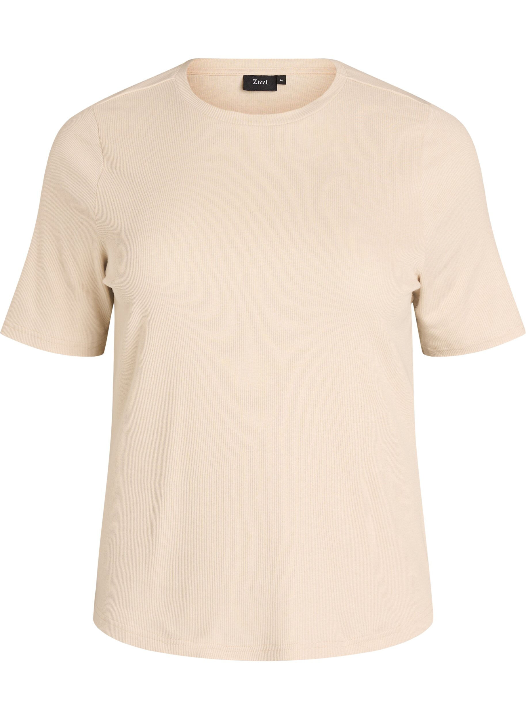 Zizzi Ribbad bas-T-shirt med rund hals, Beige, Packshot image number 0