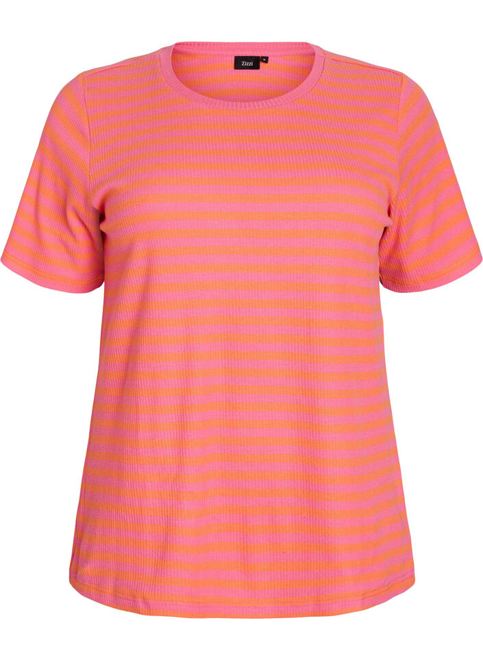 Randig t-shirt med ribbad struktur, Orange, Packshot image number 0