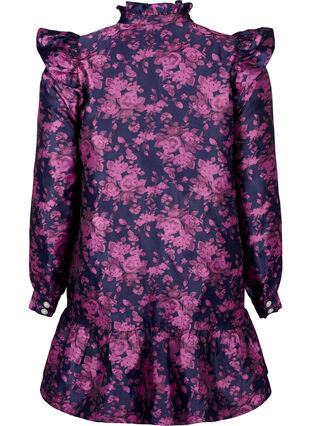 Klänning med volangdetalj och pärlknappar, Dark Blue Pink, Packshot image number 1