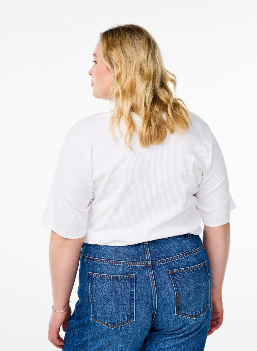 Blus i ribbad jersey med korta &auml;rmar, Vit, Model image number 2