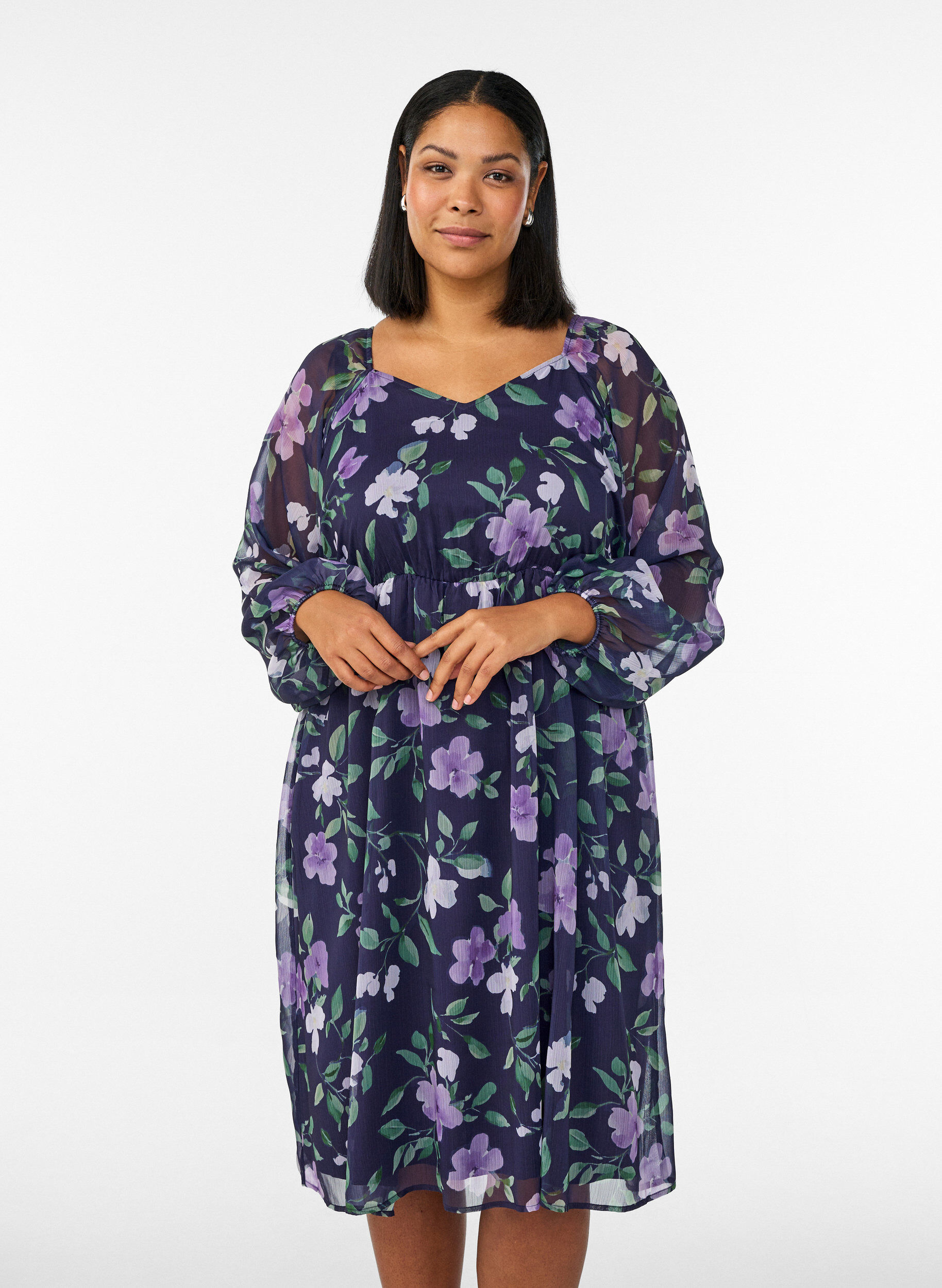 Zizzi Festkl&auml;nning i chiffong med l&aring;nga &auml;rmar, Bl&aring;, Model image number 0