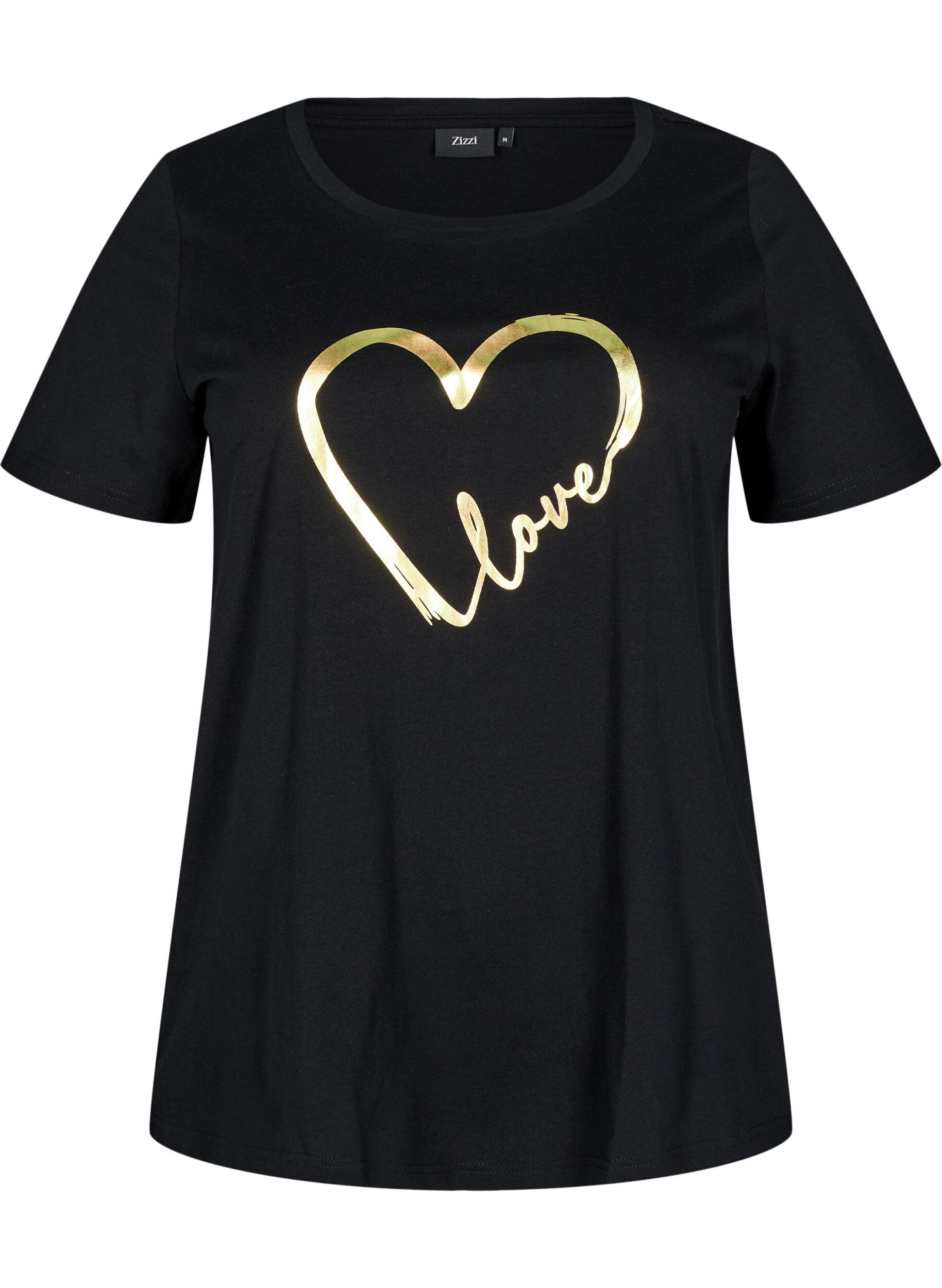 Zizzi T-shirt i bomull med motiv, Black w. Gold Love, Packshot image number 0