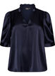 Blus i satinlook med halvl&aring;nga &auml;rmar och volangkrage, Bl&aring;, Packshot image number 0