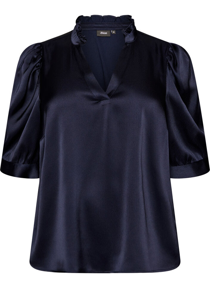 Blus i satinlook med halvl&aring;nga &auml;rmar och volangkrage, Bl&aring;, Packshot image number 0