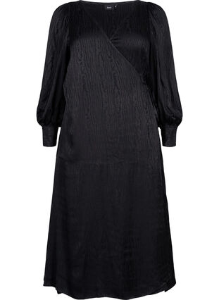 Långärmad viskosklänning med ton-i-ton mönster, Black, Packshot image number 0