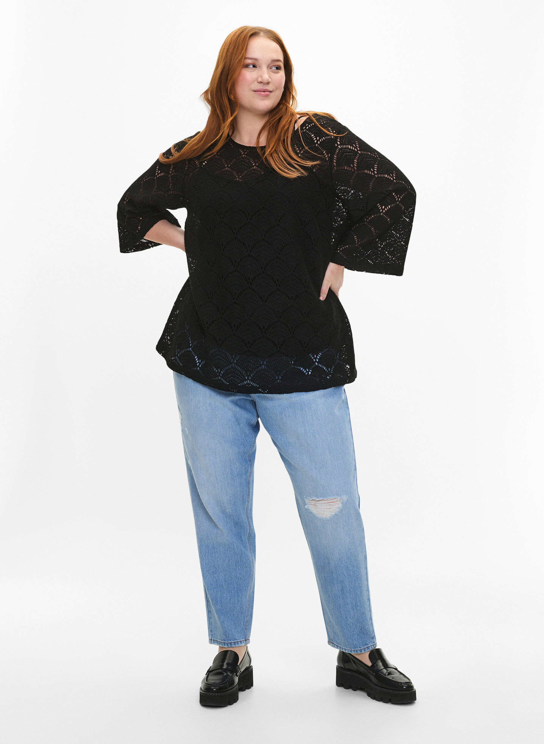 Zizzi Crochet blus med 3/4 &auml;rmar, Black, Model image number 2