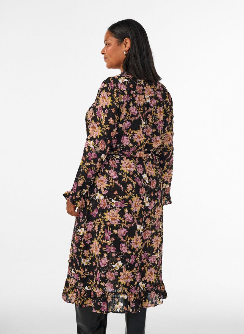 Midikl&auml;nning med blomm&ouml;nster och avtagbart knytsk&auml;rp, Svart, Model image number 2
