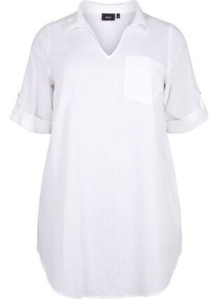 Kortärmad tunika i bomullsblandning med linne, Bright White, Packshot image number 0