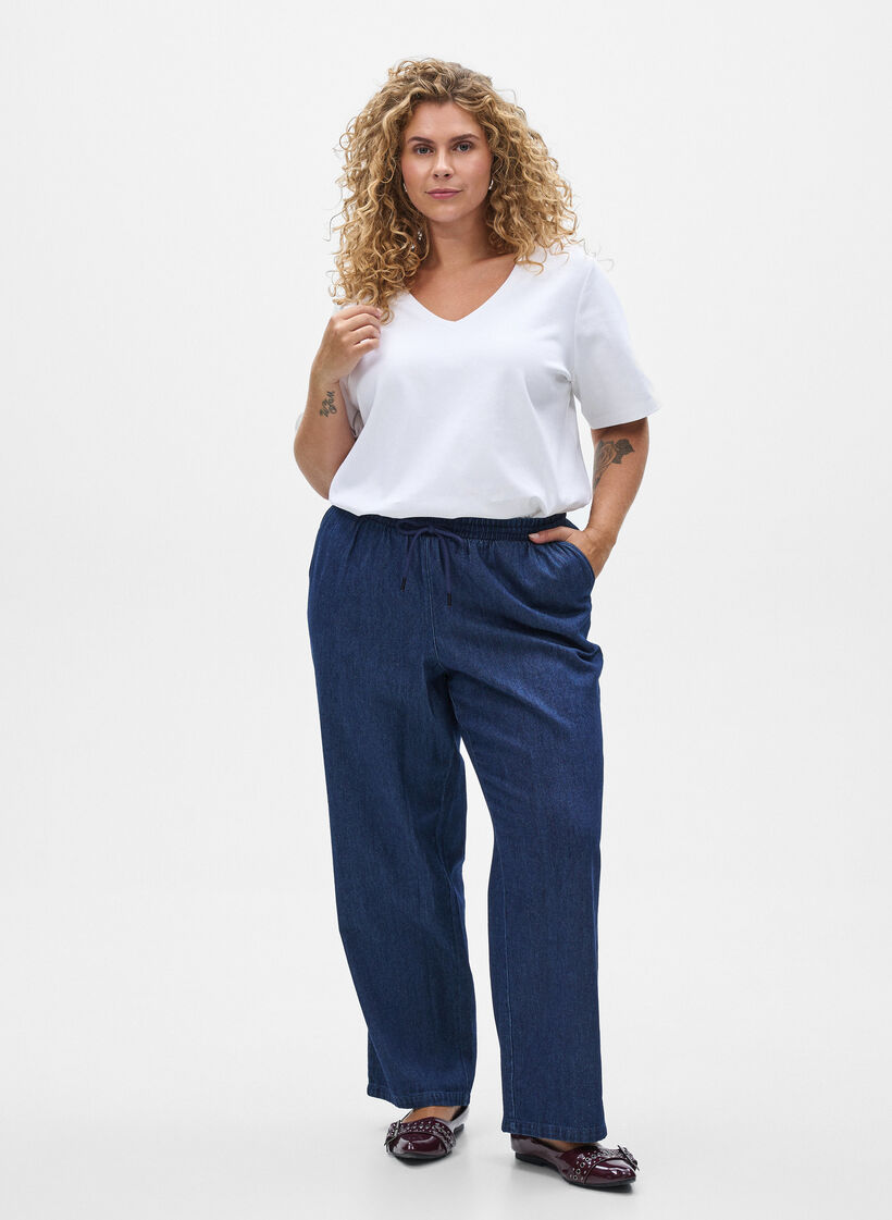 Jeans med rak passform och res&aring;r i midjan, Bl&aring;, Model image number 0