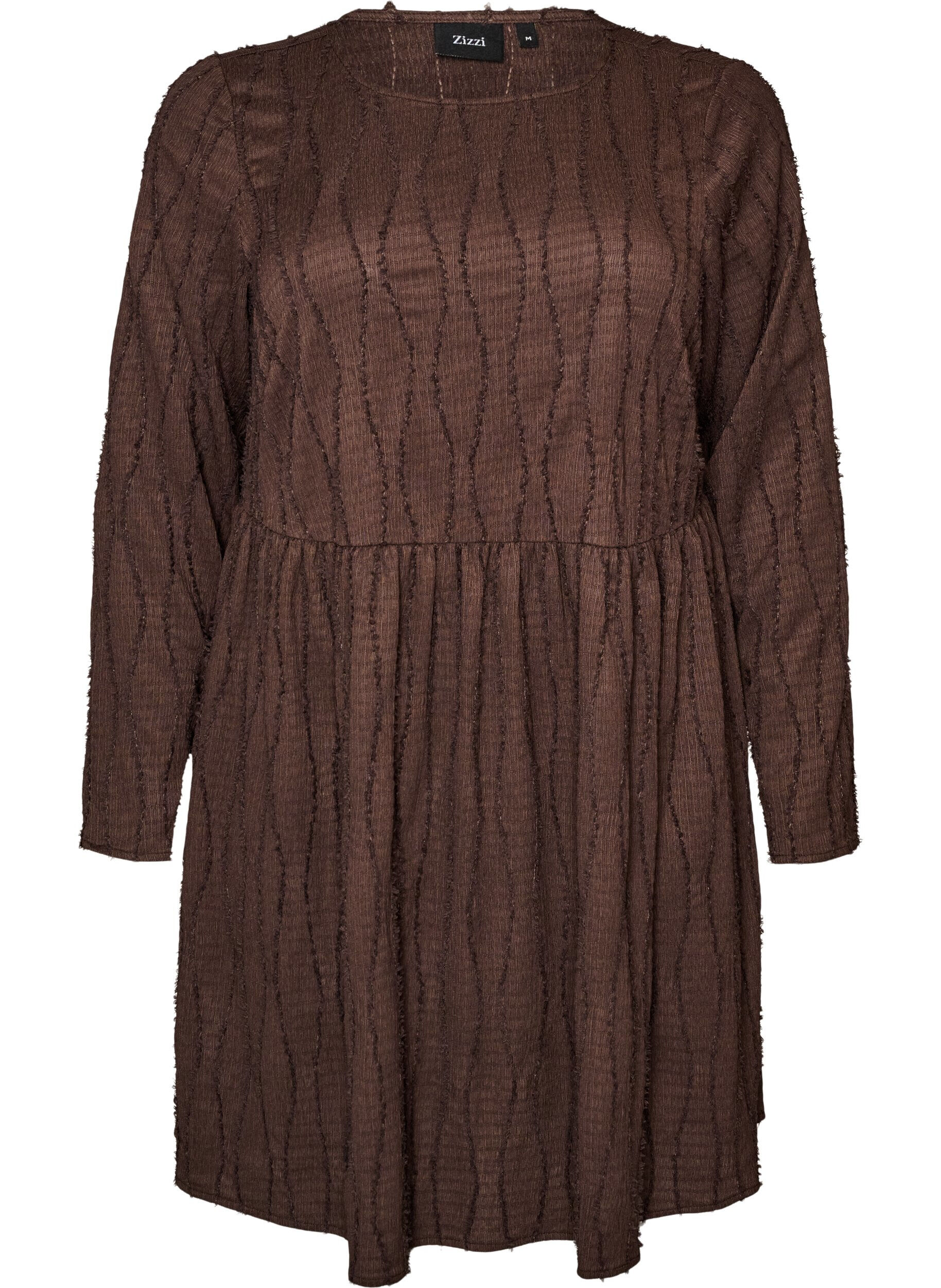 ZizziKort kl&auml;nning i jersey med v&aring;gigt strukturm&ouml;nster, Brun, Packshot image number 0