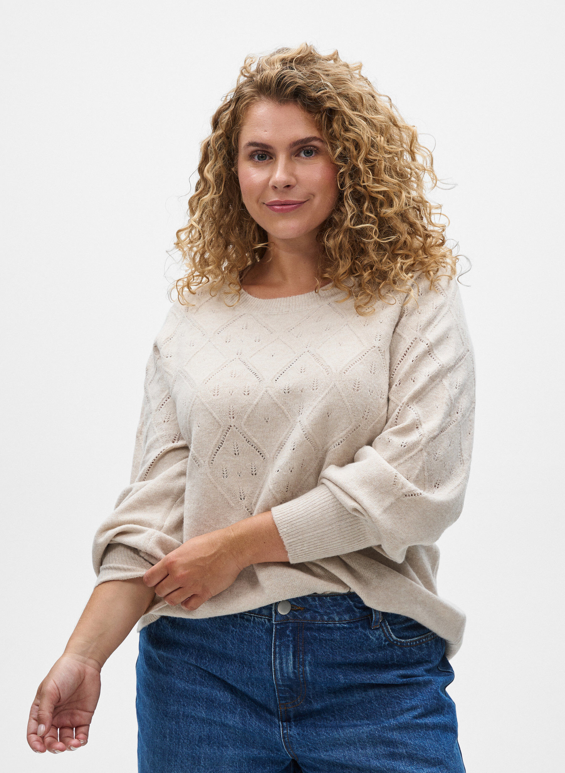 Stickad topp med h&aring;lm&ouml;nster och ballong&auml;rmar, Beige, Model