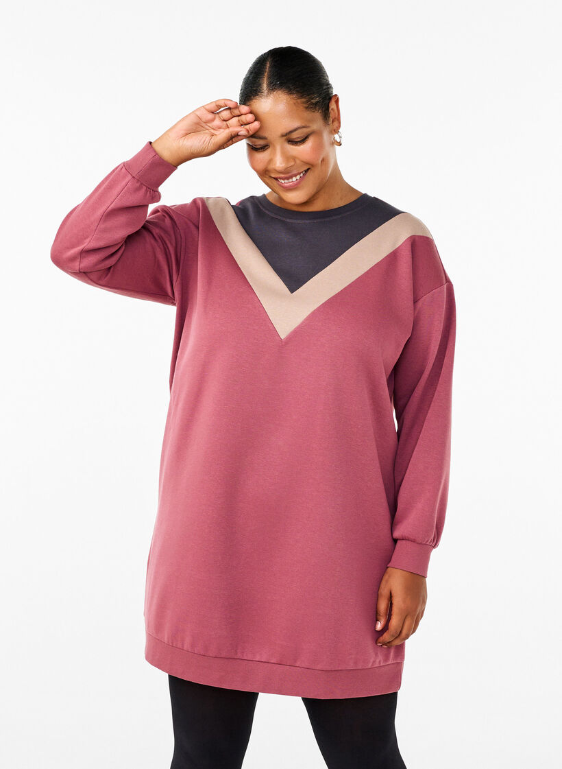Lång sweatshirt med färgblock, Rose B. Color Block, Model image number 0