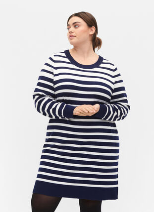 Randig klänning med långa ärmar, Peacoat W. Stripes, Model image number 0
