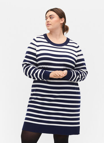 Randig klänning med långa ärmar, Peacoat W. Stripes, Model image number 0