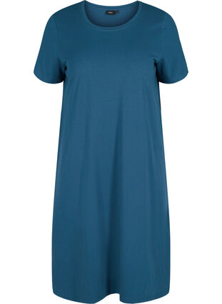 Kortärmad klänning i bomull med slits, Majolica Blue, Packshot image number 0