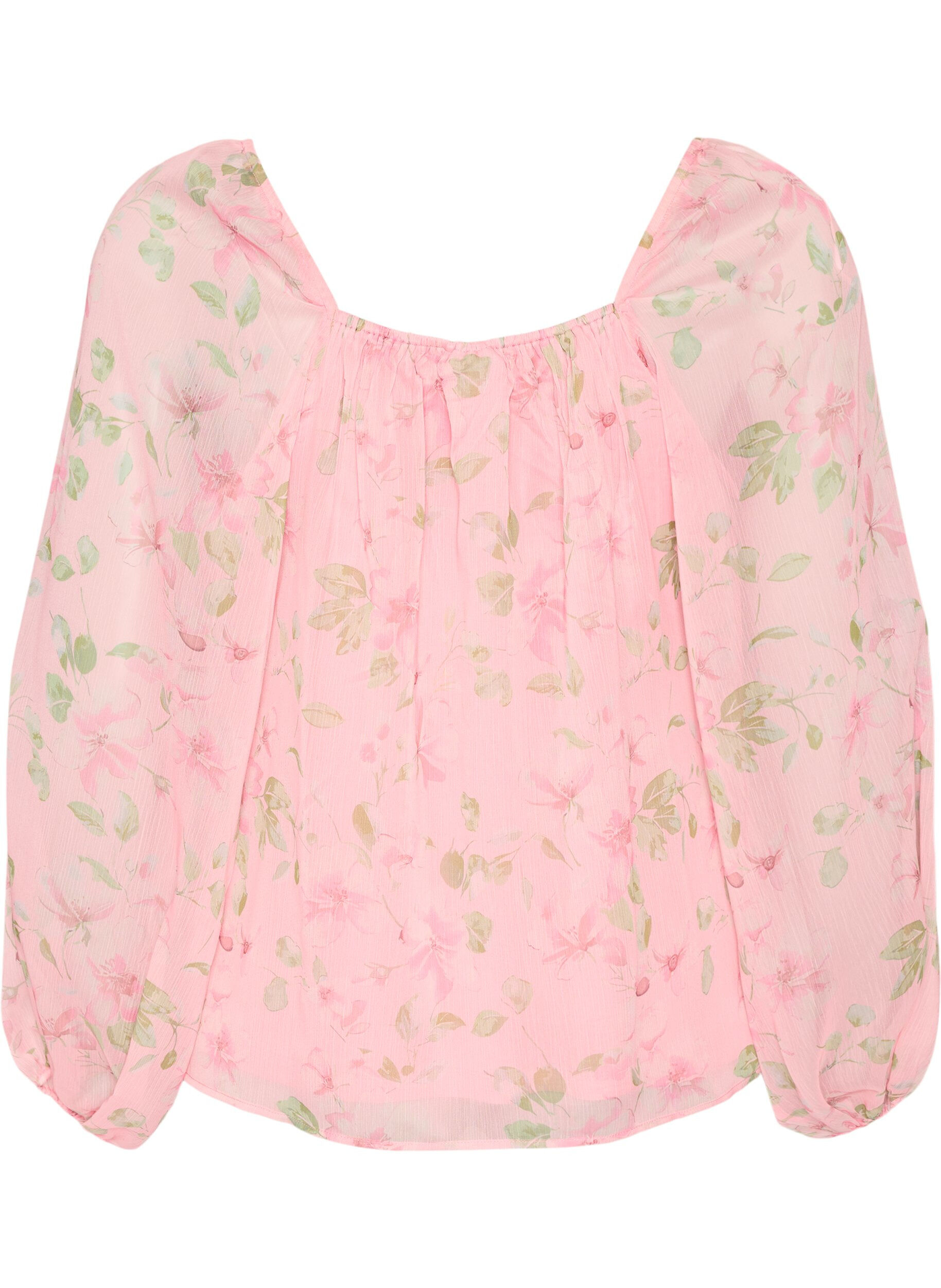 ZizziChiffongblus med blommigt tryck och l&aring;nga &auml;rmar, Rosa, Packshot image number 1