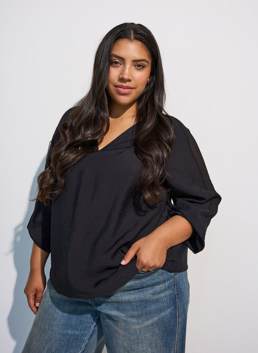 Blus med ballongeffekt och chiffongdetaljer, Svart, Model image number 0