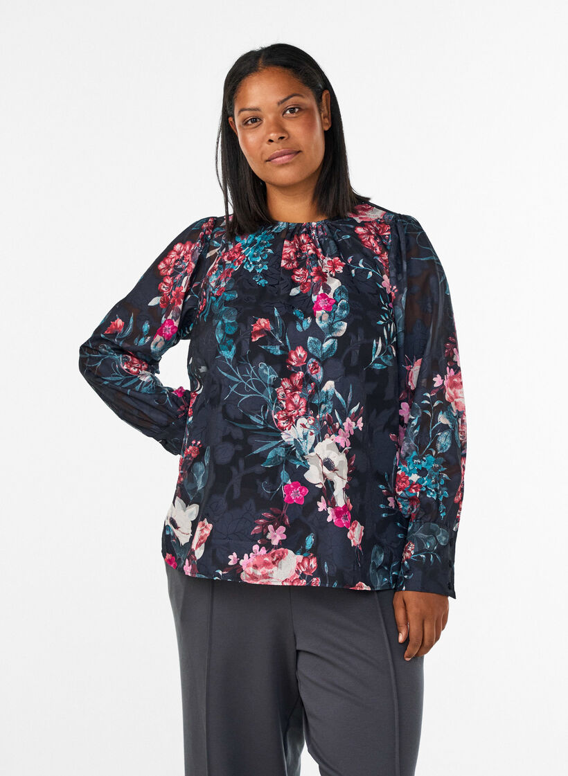 Blommig blus med v&auml;vd textur, Svart, Model image number 0