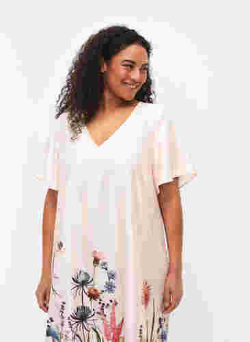 Midiklänning med blommönster och korta ärmar, White Sand, Model image number 2