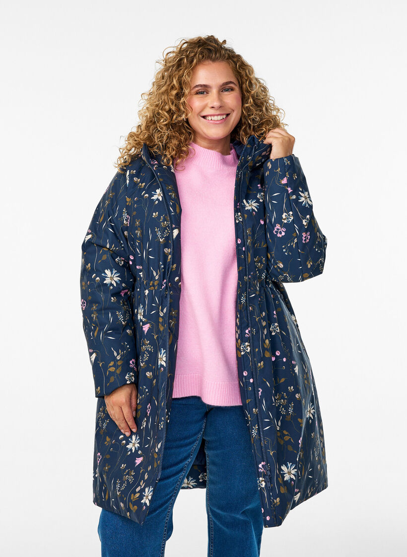 Vadderad vinterjacka med blommigt m&ouml;nster, Bl&aring;, Model image number 3