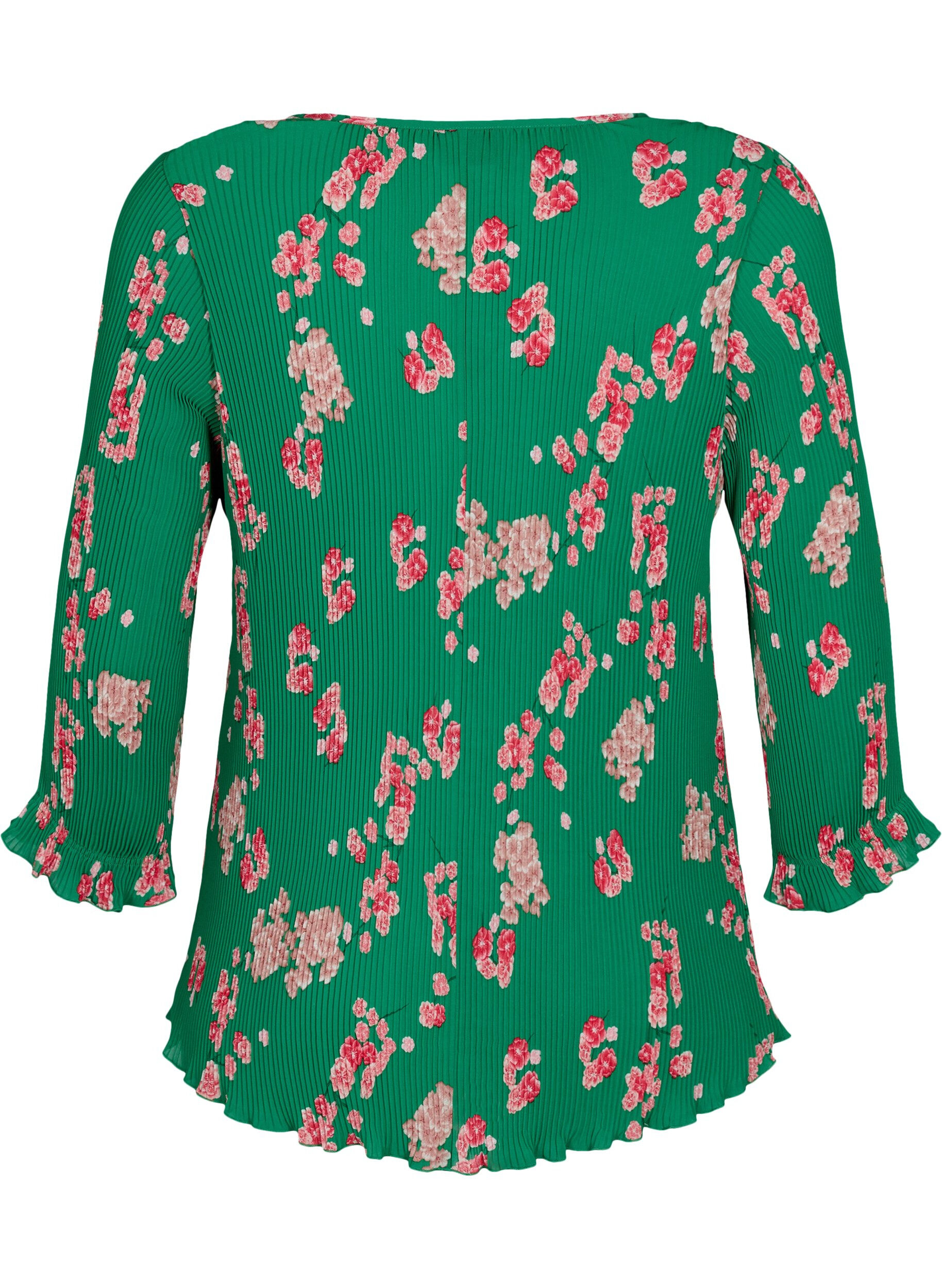 Zizzi Plisserad blus med 3/4-&auml;rmar, Jolly Green Flower, Packshot image number 1